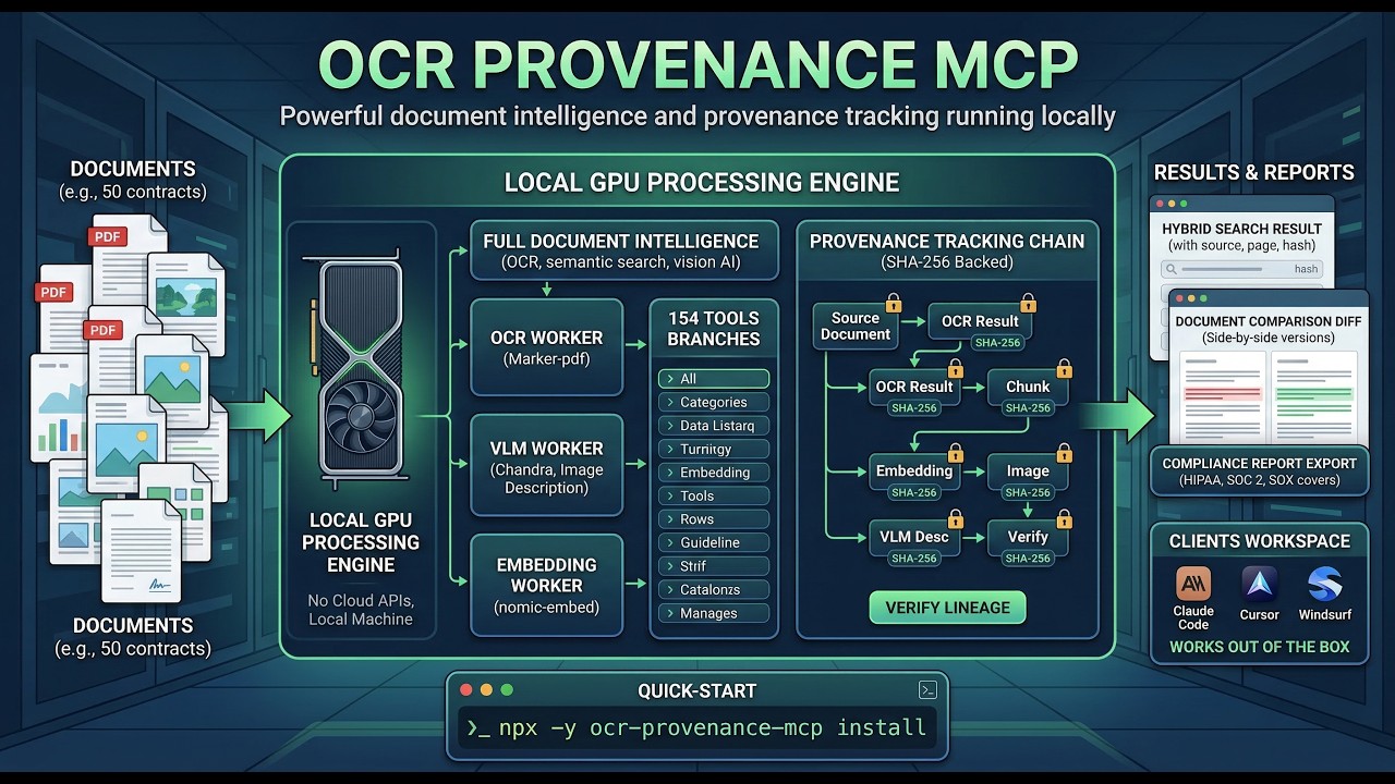 OCR Provenance MCP system architecture showing documents flowing through local GPU processing engine with OCR, VLM, and Embedding workers into 154 tool branches with SHA-256 provenance tracking chain
