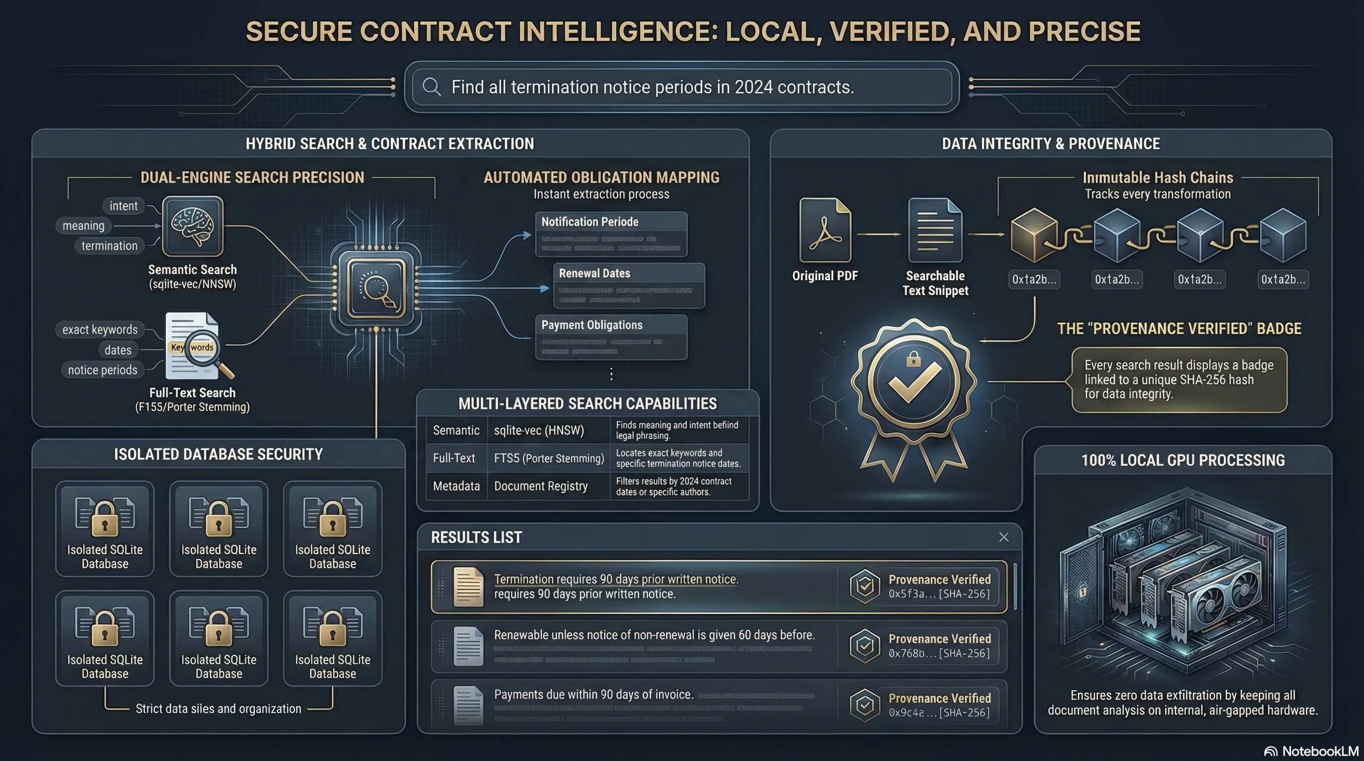 Secure Contract Intelligence infographic showing hybrid search with dual-engine precision (semantic sqlite-vec HNSW + full-text FTS5), automated obligation mapping, provenance verified badges with SHA-256 hashes, isolated database security, and 100% local GPU processing